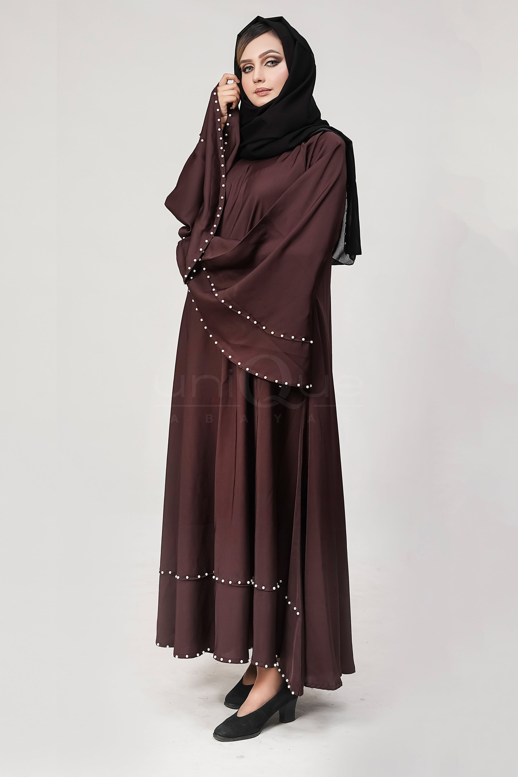 Pearl Umbrella Chocolate Abaya by Uniquewallart Abaya for Women, Front Side View
