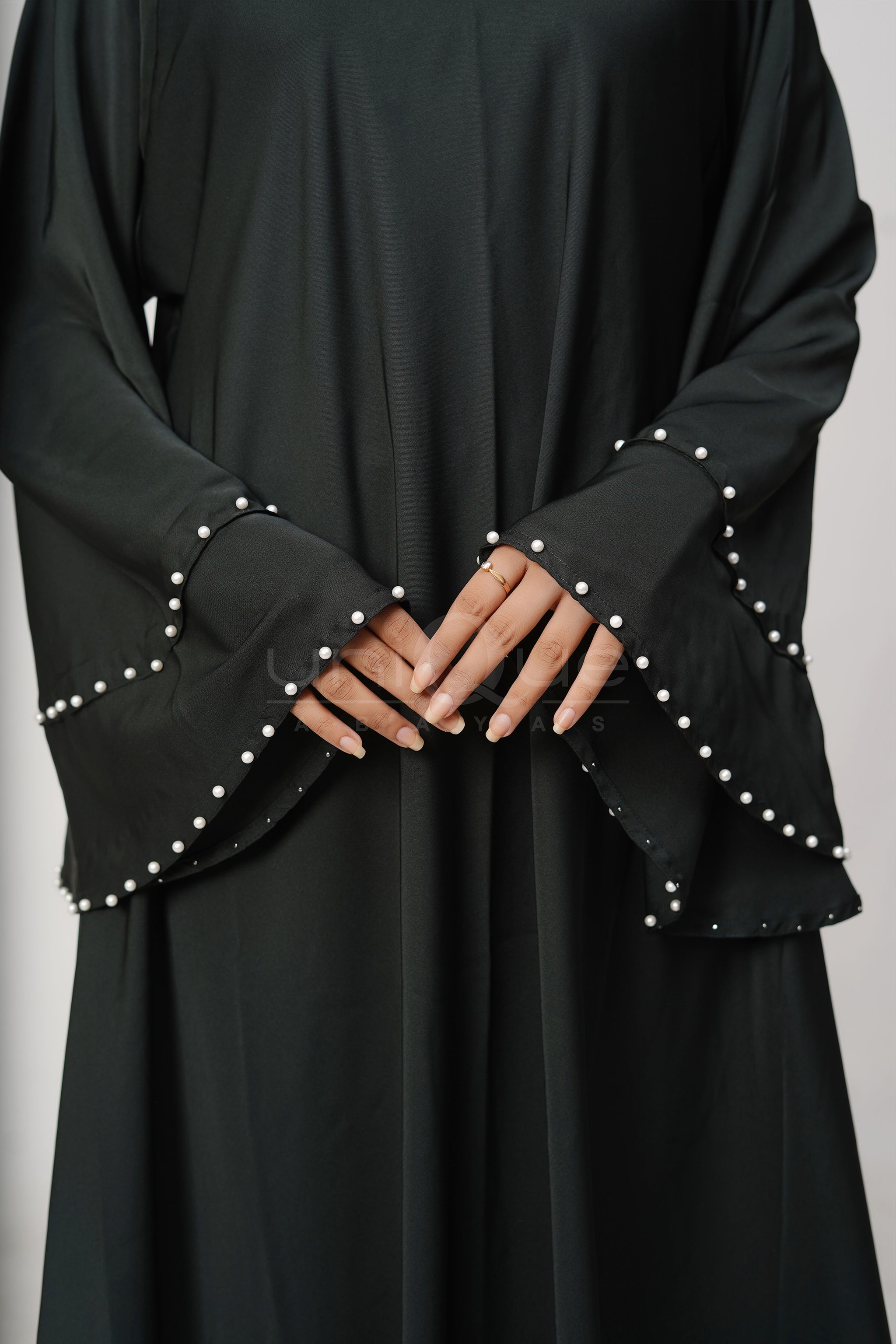 Pearl Umbrella Green Abaya by Uniquewallart Abaya for Women, Front Side Close-Up Detailed