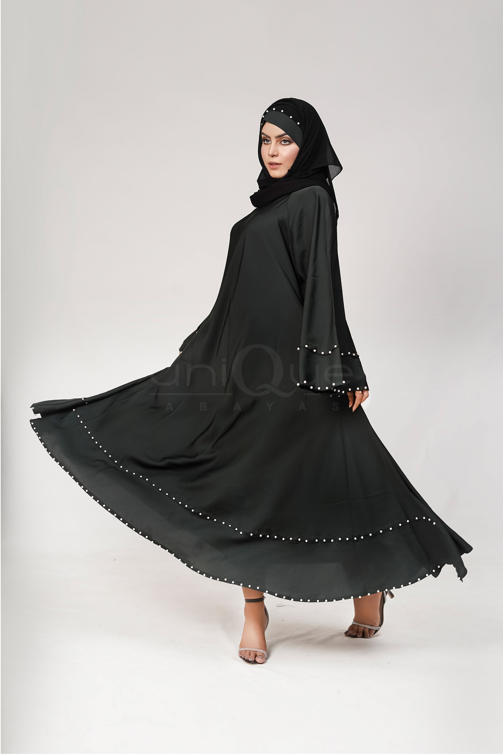 Pearl Umbrella Green Abaya by Uniquewallart Abaya for Women, Front Side Detailed View
