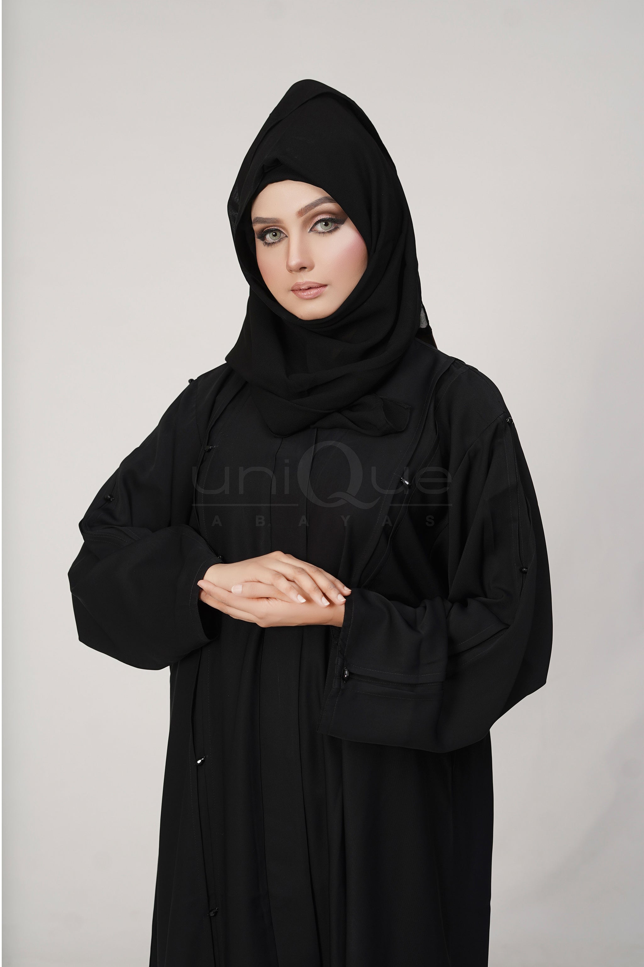 Pleated Stone Black Abaya by Uniquewallart Abaya for Women, Front Side Close-Up