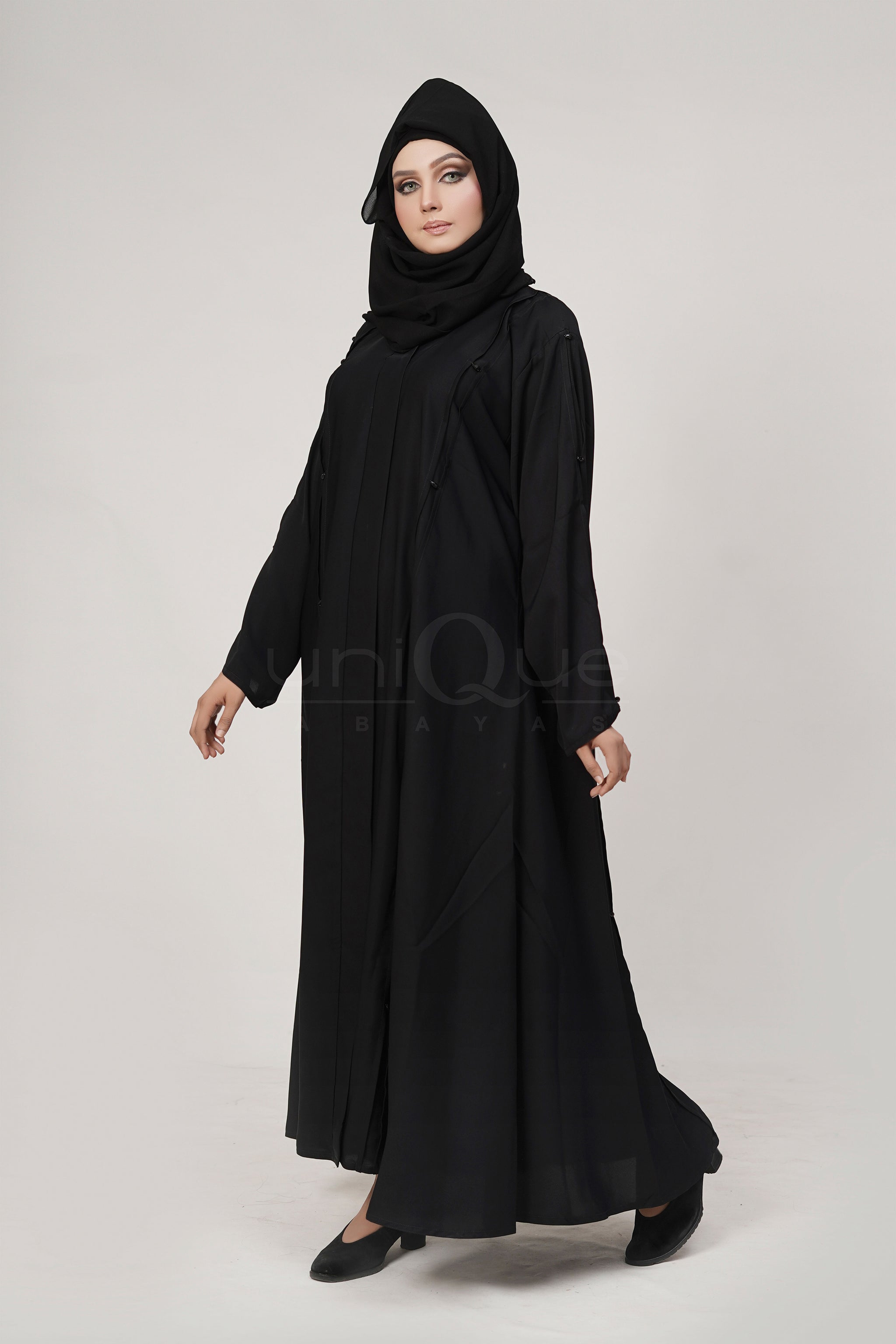 Pleated Stone Black Abaya by Uniquewallart Abaya for Women, Front Side Detailed View