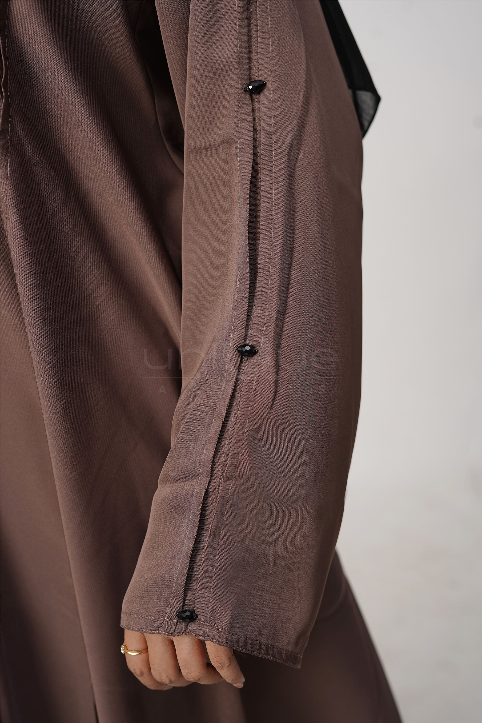Pleated Stone Brown Abaya by Uniquewallart Abaya for Women, Front Side Close-Up Detailed
