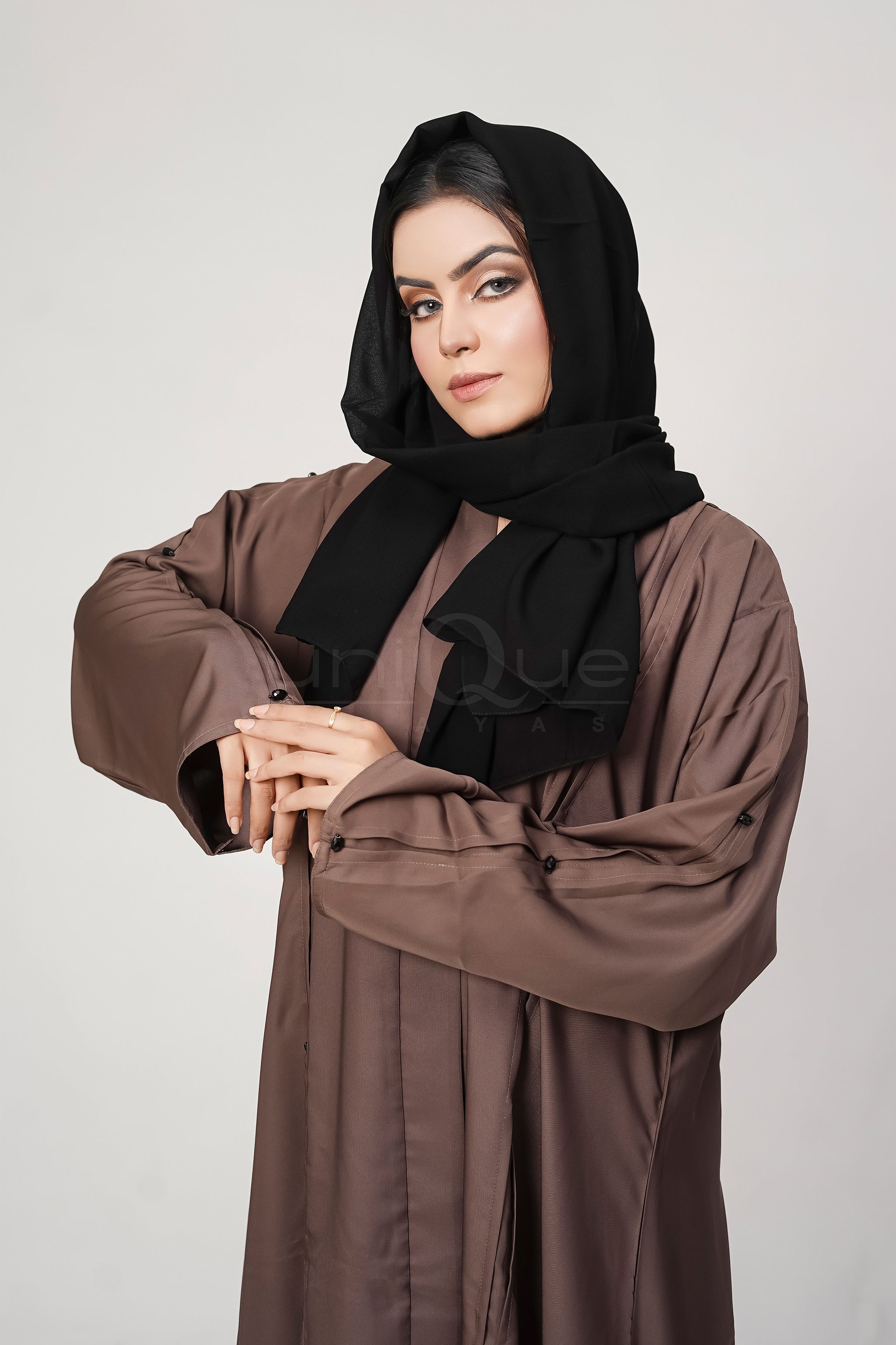Pleated Stone Brown Abaya by Uniquewallart Abaya for Women, Front Side Detailed View