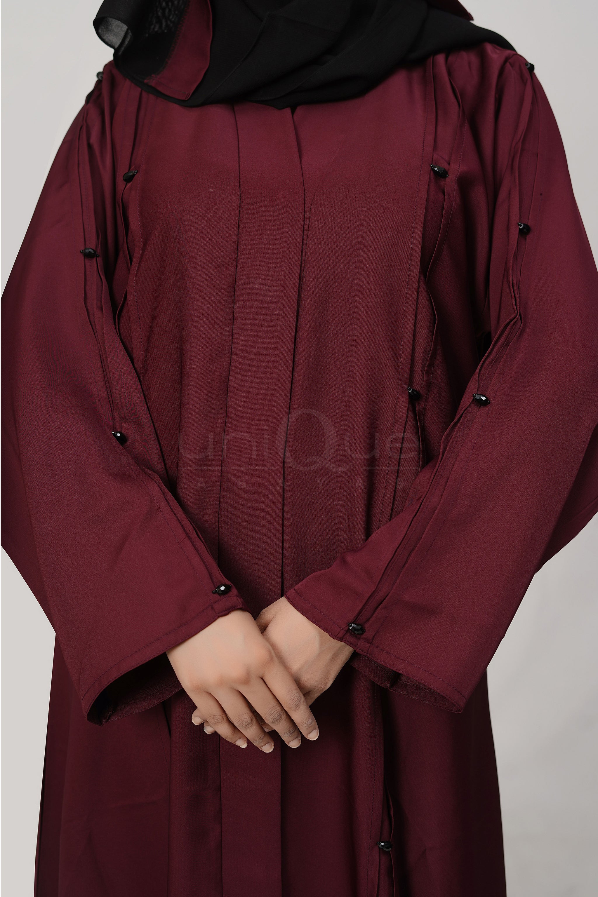 Pleated Stone Plum Abaya by Uniquewallart Abaya for Women, Front Side Close-Up Detailed