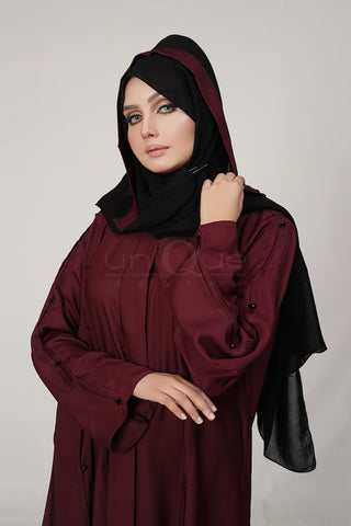 Pleated Stone Plum Abaya by Uniquewallart Abaya for Women, Front Side Close-Up
