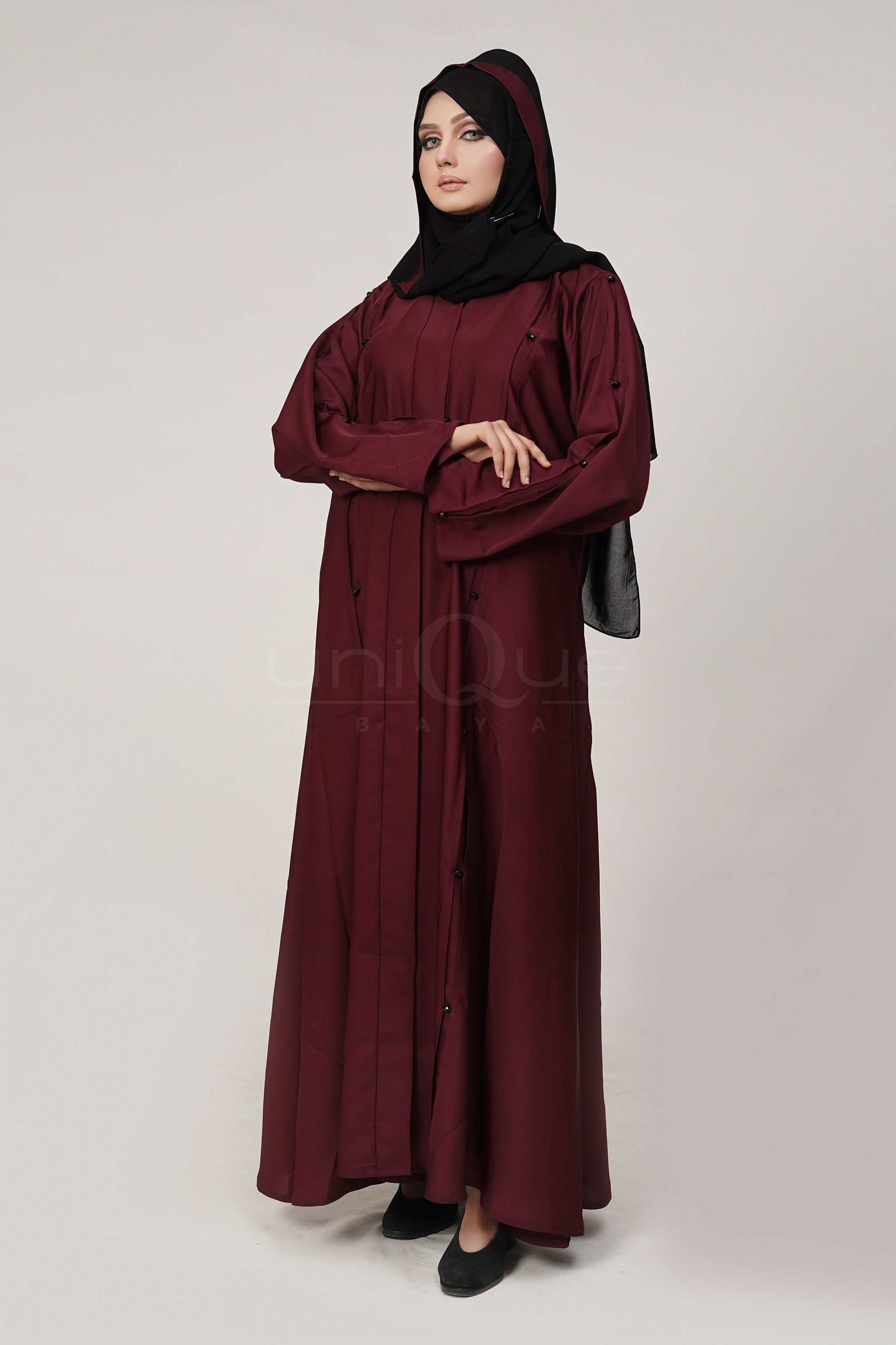 Pleated Stone Plum Abaya by Uniquewallart Abaya for Women, Front Side Detailed View