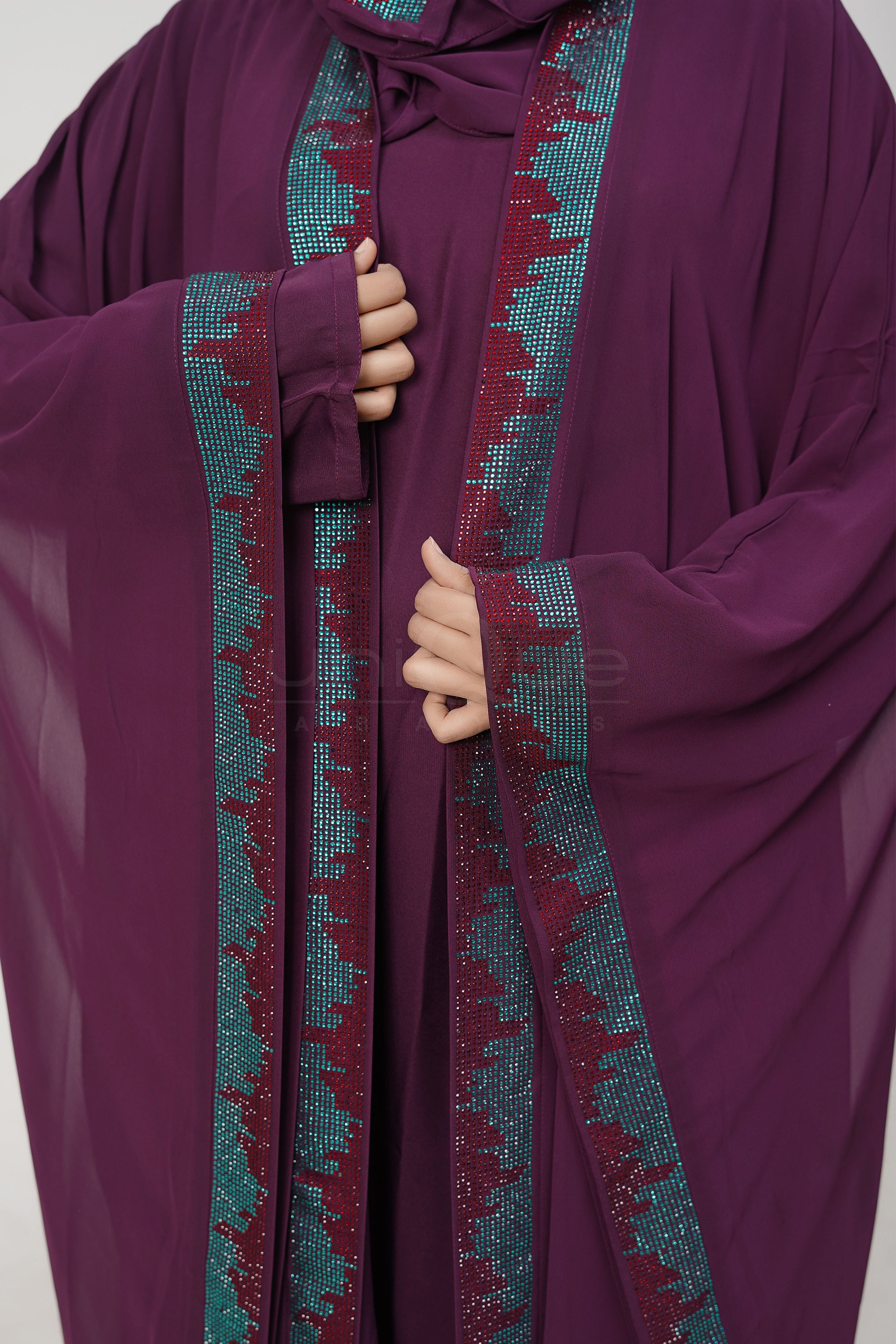 Purple Kaftan Abaya with Hoodie by Uniquewallart Abaya for Women, Front Side Close-Up Detailed