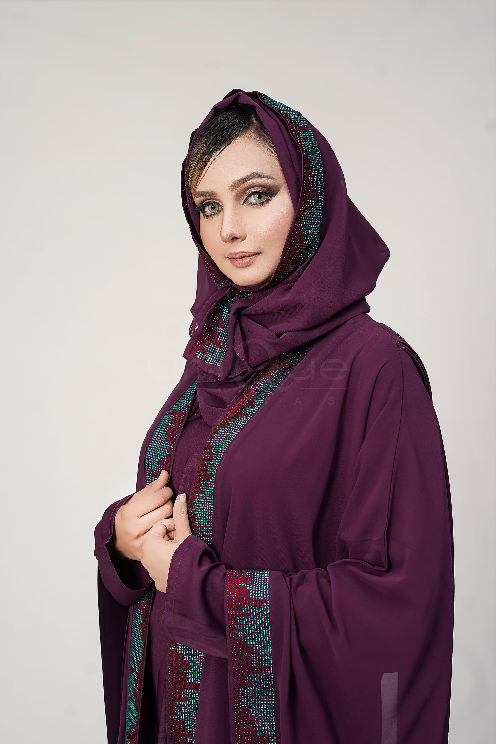 Purple Kaftan Abaya with Hoodie by Uniquewallart Abaya for Women, Front Side Detailed View