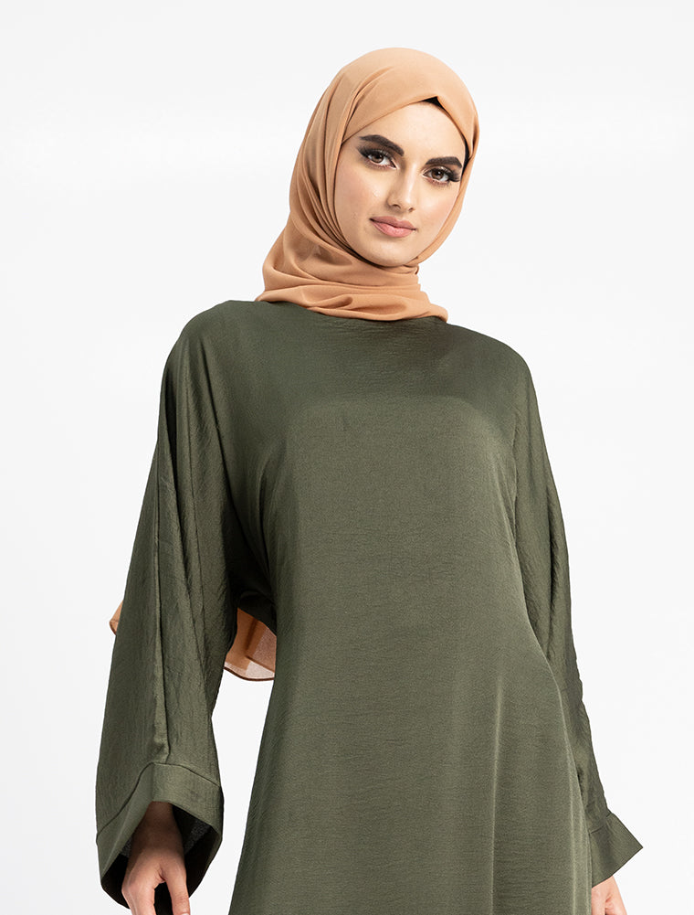Silky Abaya Beautiful Muslim Women Clothing Khaki Uniquewallart Abaya For Women Front Side Close Up