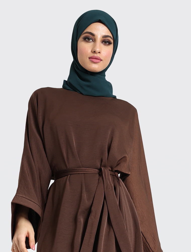Silky Abaya Muslim Women Clothing Brown Uniquewallart Abaya For Women Front Side Close Up Detailed