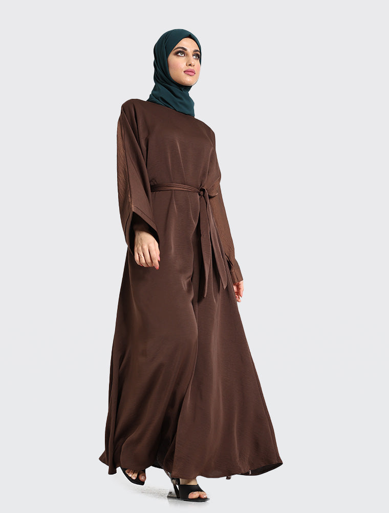 Silky Abaya Muslim Women Clothing Brown Uniquewallart Abaya For Women Front Side Detailed