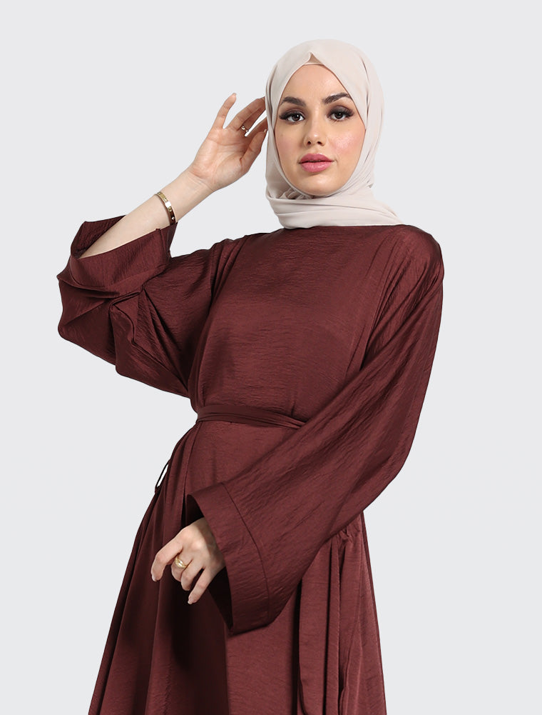 Silky Abaya Muslim Women Clothing Maroon Uniquewallart Abaya for Women Front Side Close Up Detailed