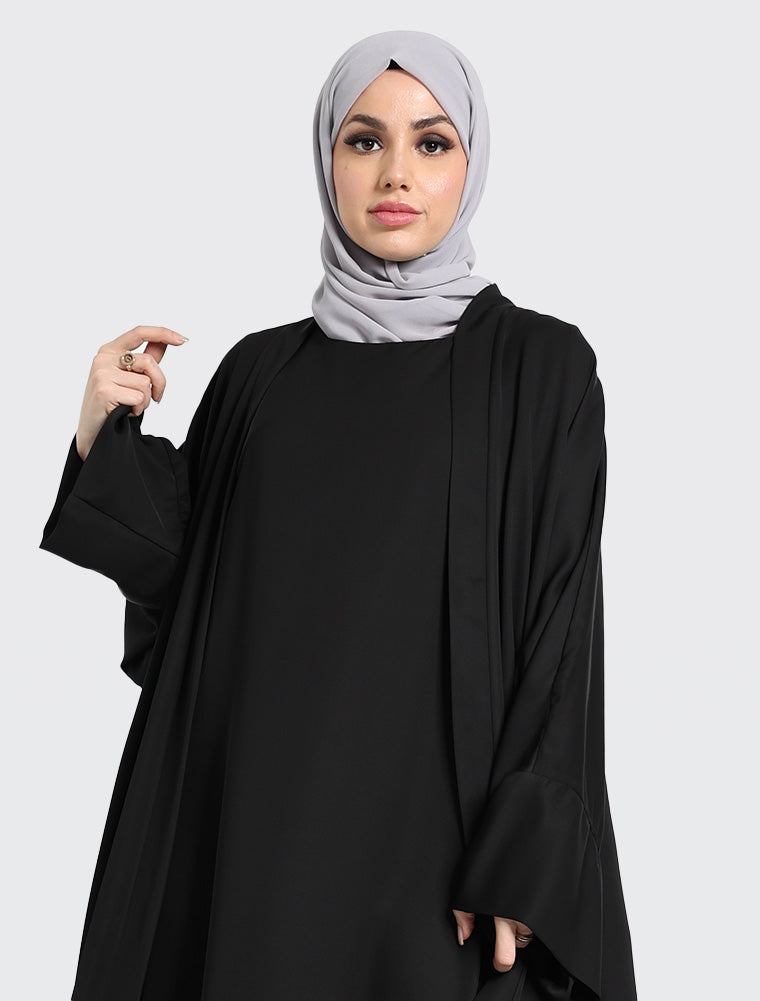 Simple Black Abaya Dress For Women 2 Piece Set Uniquewallart Abaya For Women Front Side Close Up