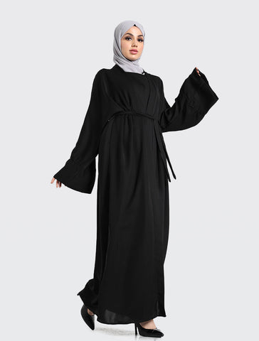 Simple Black Abaya Dress For Women 2 Piece Set Uniquewallart Abaya For Women Front Side Detailed