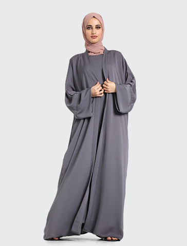 Simple Grey Abaya Dress For Women - 2 Piece Set Uniquewallart Abaya for Women Front Side Left View