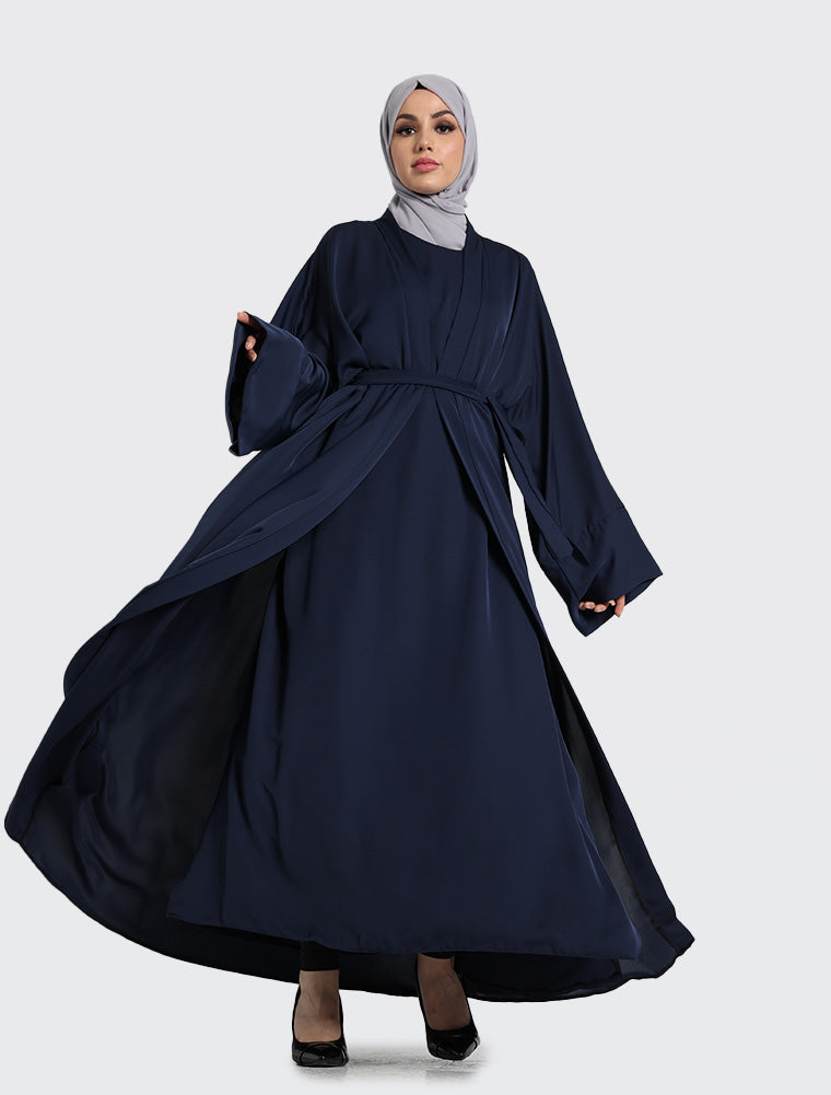 Simple Navy Abaya For Women - 2 Piece Set by Uniquewallart Abaya for Women, Front Side Detailed View