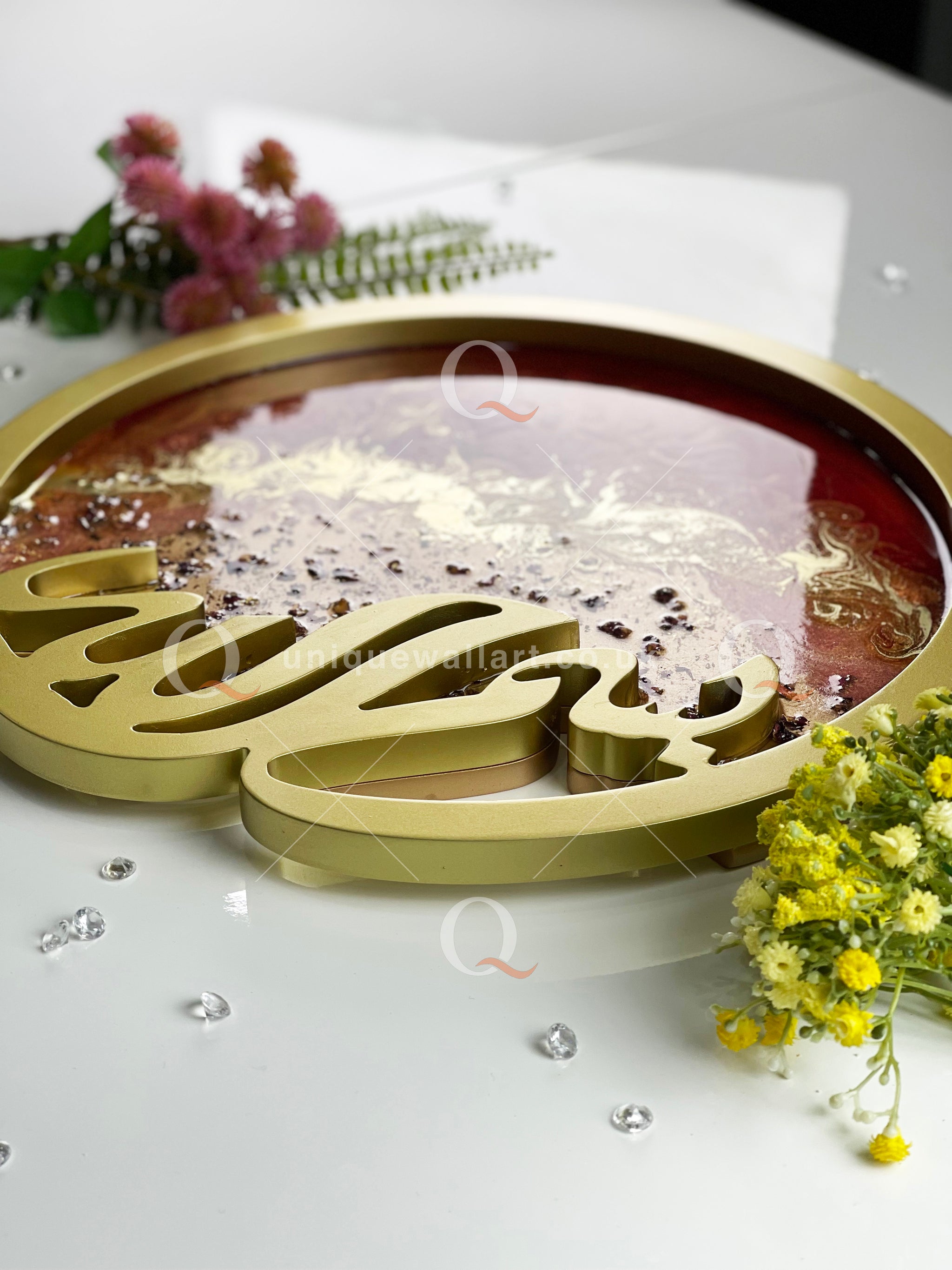 Gold handmade Bismillah tray with  flowers and your favorite trinkets